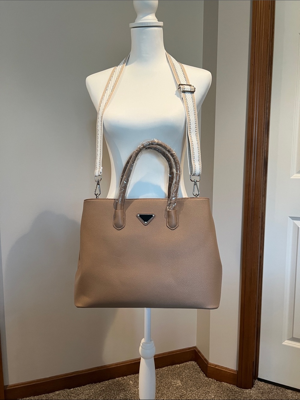 Boutique Vegan Leather Taupe Tote Bag with Adjustable Removable GuitarStrap